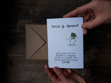 Load image into Gallery viewer, Twist and Sprout Christmas Card by Alice Draws The Line, Brussel Sprouts doing the twist on this humorous Christmas Card
