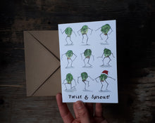 Load image into Gallery viewer, Twist and Sprout Christmas Card by Alice Draws The Line, Brussel Sprouts doing the twist on this humorous Christmas Card