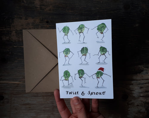 Twist and Sprout Christmas Card by Alice Draws The Line, Brussel Sprouts doing the twist on this humorous Christmas Card