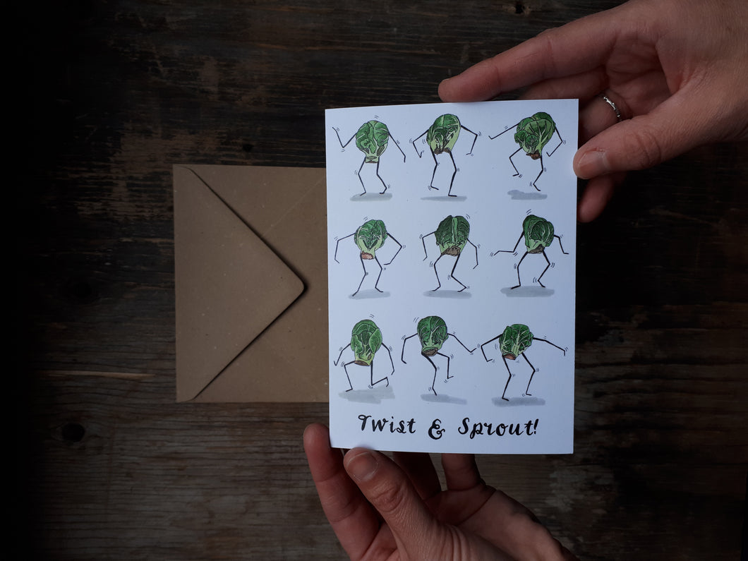 Twist and Sprout Card by Alice Draws The Line, Brussel Sprouts doing the twist on this humorous greeting Card