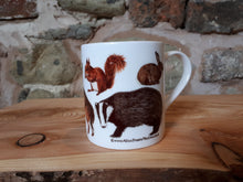 Load image into Gallery viewer, Woodland Animals china mug by Alice Draws The Line, forest gift, enamel mug with Badger, Fox, Hare, Red Squirrel, Grey Squirrel, Wood Mouse, Rabbit and Hedgehog illustrations