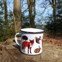 Load image into Gallery viewer, Woodland Animals enamel mug by Alice Draws The Line, forest gift, enamel mug with Badger, Fox, Hare, Red Squirrel, Grey Squirrel, Wood Mouse, Rabbit and Hedgehog illustrations