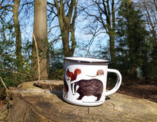 Load image into Gallery viewer, Woodland Animals enamel mug by Alice Draws The Line, forest gift, enamel mug with Badger, Fox, Hare, Red Squirrel, Grey Squirrel, Wood Mouse, Rabbit and Hedgehog illustrations