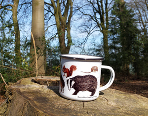 Woodland Animals enamel mug by Alice Draws The Line, forest gift, enamel mug with Badger, Fox, Hare, Red Squirrel, Grey Squirrel, Wood Mouse, Rabbit and Hedgehog illustrations