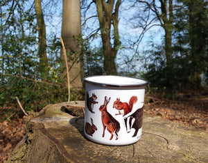 Woodland Animals enamel mug by Alice Draws The Line, forest gift, enamel mug with Badger, Fox, Hare, Red Squirrel, Grey Squirrel, Wood Mouse, Rabbit and Hedgehog illustrations