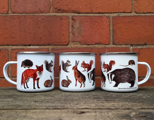 Woodland Animals enamel mug by Alice Draws The Line, forest gift, enamel mug with Badger, Fox, Hare, Red Squirrel, Grey Squirrel, Wood Mouse, Rabbit and Hedgehog illustrations