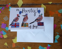 Load image into Gallery viewer, A Party of Jays celebration card, birthday card, wedding card, by Alice Draws The Line