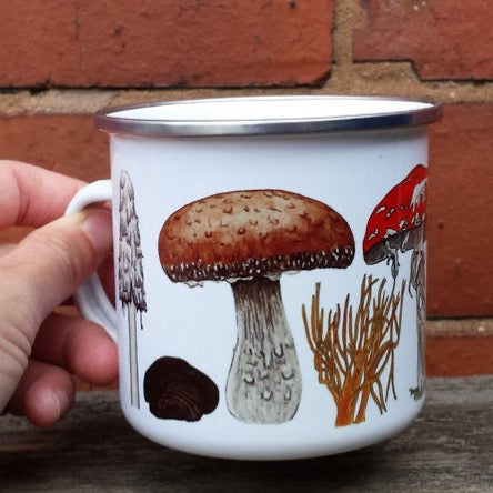 Fungi enamel mug by Alice Draws the Line, mushroom and fungi illustrations