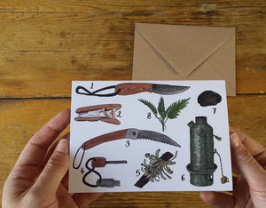 Bushcraft greeting card by Alice Draws the Line, Bushcraft kit