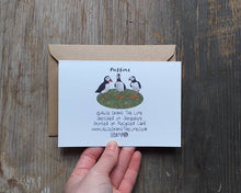 Load image into Gallery viewer, Puffins on a cliff greeting card by Alice Draws The Line 