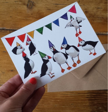 Party Puffins greeting card, blank inside